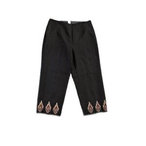 Edward Black Linen Blend Embroidered Hem Cropped Pants